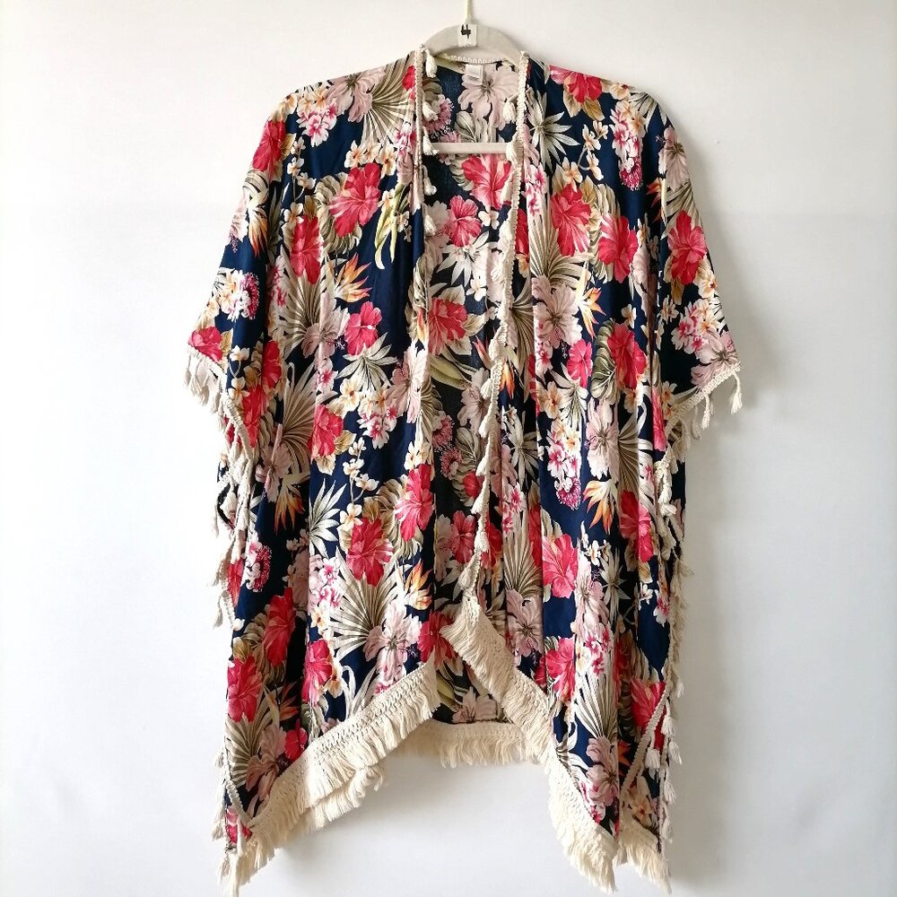 Unbranded Womens Multicolor Floral Fringe Open Front Kimono One Size